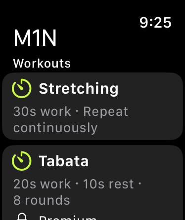 Saved Stretching and Tabata workouts in M1N on Apple Watch